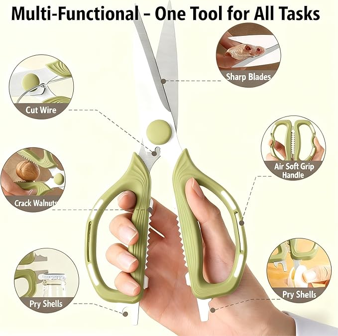 Kitchen Shears Scissors Food Scissors, 8-in-1 Multifunction Japanese Stainless Steel Meat Shears, Dishwasher Safe Sharp Shear All Purpose with Comfort Grip, Ideal for Everyday Use-Green
