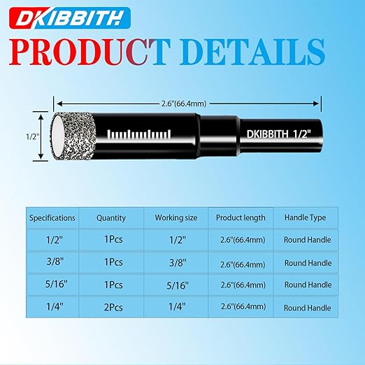 Dry Diamond Drill Bits Set, 5 Pcs Tile Drill Bits for Porcelain, Ceramic, Granite, Marble, Stone, Glass Hard Materials, Round Shank 1/4", 5/16", 3/8", 1/2" Drill Bits, with Storage Case