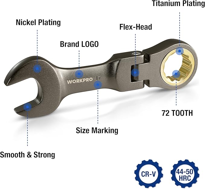 WORKPRO 8 Piece Flex Head Stubby Ratcheting Combination Wrench Set, Metric 9-17 mm, 72-Teeth, CRV, Nickel Plating with Rolling Pouch