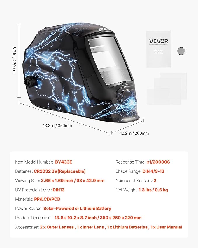 VEVOR Welding Helmet Auto Darkening, 3.66" x 1.69" True Color Welding Hood, Solar Powered Welder Mask 2 Arc Sensors, Shade 4/9-13 for TIG MIG ARC Weld Grinding - CRIUS Series (Blue Lightning Pattern)