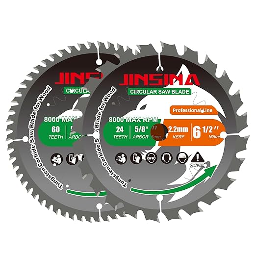 2PCS 6-1/2” Circular Saw Blade for Wood, 24T&60T TCT Cutting Blade, Fine Finish Crosscut Angled Bevels Framing Ripping for Plywood, Melamine, Oak, Pine, Laminate, Chipboard, 5/8"