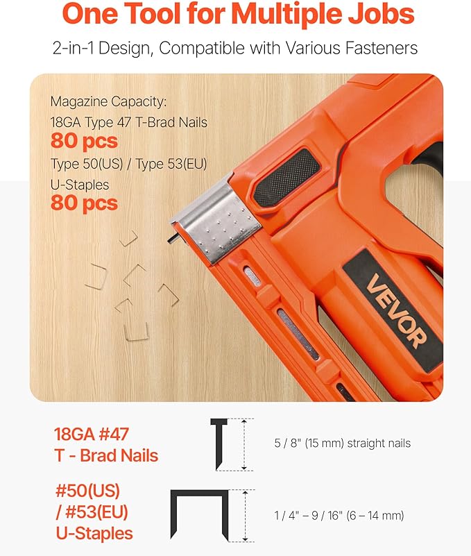 VEVOR Cordless Brad Nailer, 2-in-1 Nail Gun Staple Gun, 18 Gauge 5/8 inch, Includes 1000 Pcs Staples and 1000 Pcs Nails, with Battery and Charger, Non-Slip Rubber Grip, for Woodworking DIY Projects
