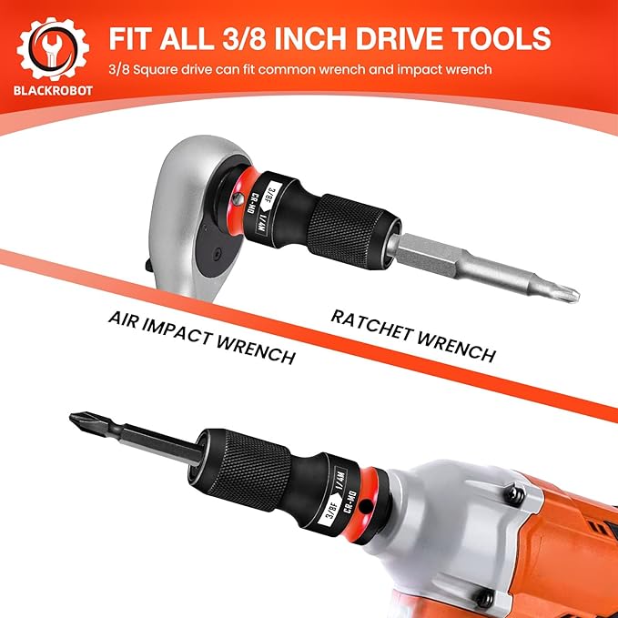 BLACKROBOT 2PCS Quick Release Impact Bit Holders 3/8-Inch Square Drive to 1/4-Inch Hex Socket Adapter, CR-MO Steel, Red