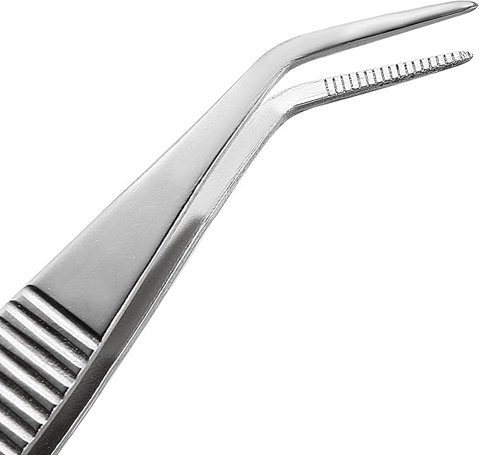 uxcell 2 Pcs 5-Inch Stainless Steel Tweezers with Curved Pointed Serrated Tip