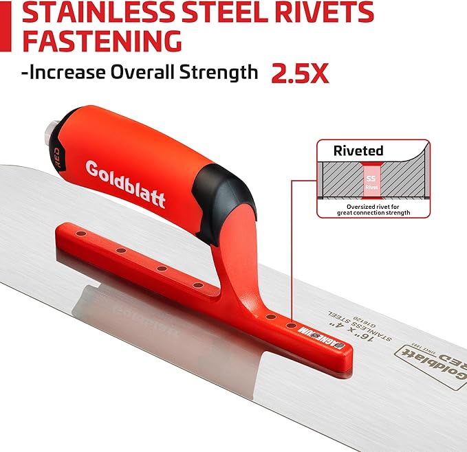 Goldblatt RED Stainless Steel Pool Trowel, 16"x 4" Professional Drywall Masonry Trowel with Soft Grip Handle, Lightweight Magnesium Shank, Round End, Plastering Trowel for Sheetrock Wallboard