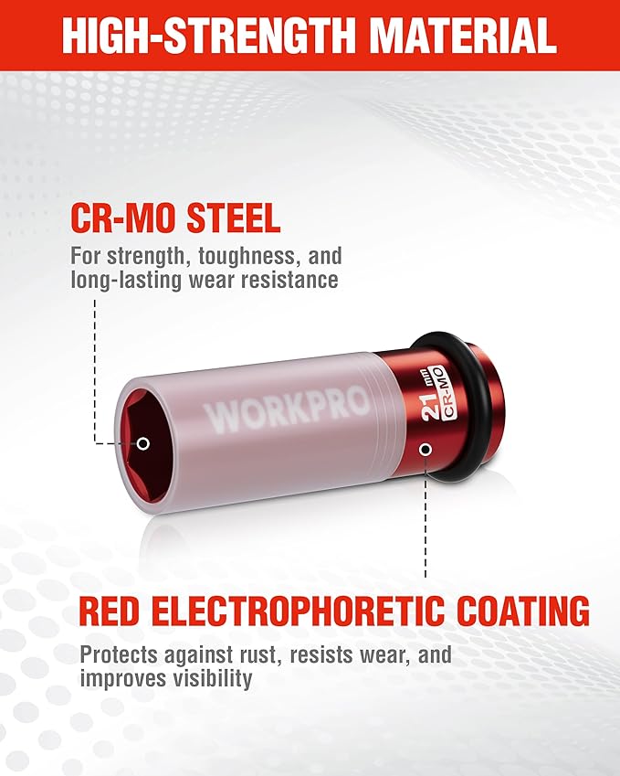 WORKPRO 1/2" Drive Lug Nut Impact Duty Socket, 21mm Deep Thin Wall Socket, Made of Premium Cr-Mo Steel, Non-Marring Lug Nut Wheel Sockets for Car