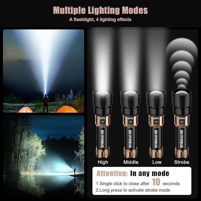 SKYFIRE Rechargeable Flashlight High Lumens,10000mAh Super Bright Flashlight,Zoomable,Four Modes,Waterproof LED Flash Light for Camping Essentials,Outdoor and Home Emergencies