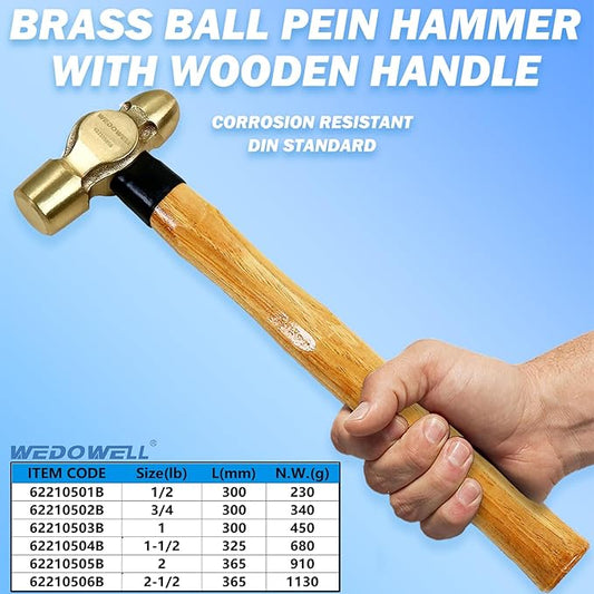 WEDOWELL 2-1/2lb Brass Ball Pein Hammer, Brass Ball Peen Hammer with Wooden Handle,Length 365mm,Die-forged,DIN Standard,Ideal for Demolition,Construction,Blacksmithing