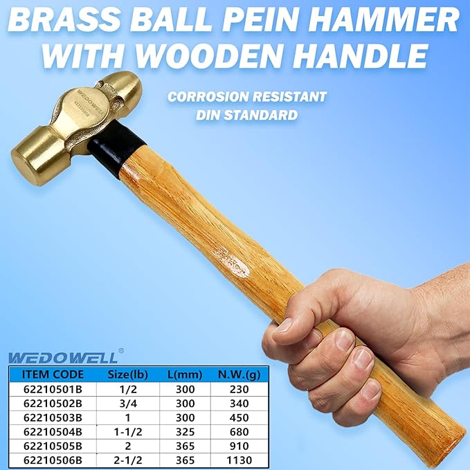 WEDOWELL 3/4lb Brass Ball Pein Hammer, Brass Ball Peen Hammer with Wooden Handle,Length 300mm,Die-forged,DIN Standard,Ideal for Demolition,Construction,Blacksmithing