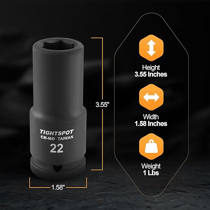 TIGHTSPOT 3/4" Drive 22mm Deep Impact Socket Heavy Duty CR-MO Jumbo Socket 6 Point Automotive Truck and Heavy Equipment Repair