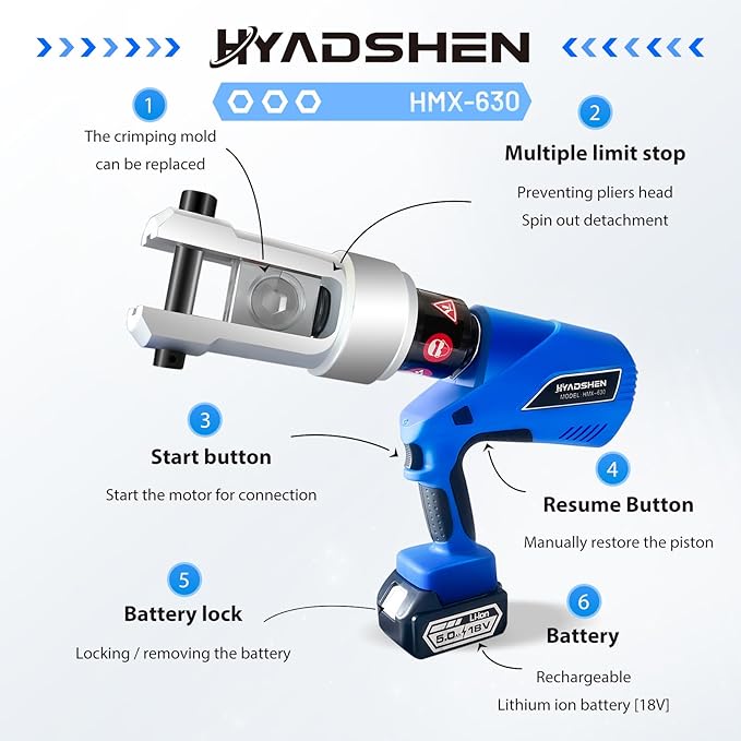 Electric Hydraulic Cable Lug Crimper Pliers Rechargeable Crimping Tool 20 Ton Electrical Terminal Cable Wire Fiber Crimper Kit with 7 Dies (HMX-630)
