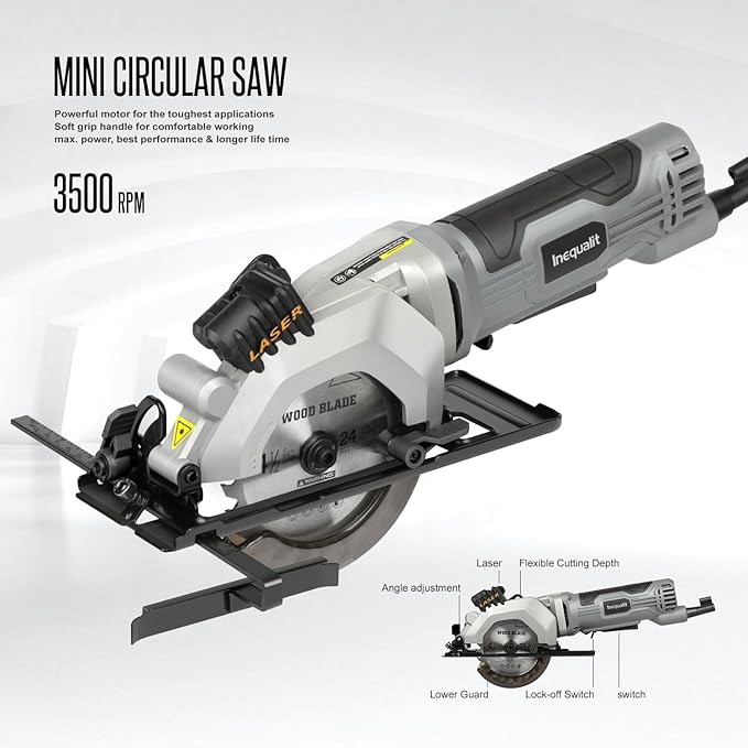 Mini Circular Saw, 4Amp 3500RPM Corded Compact Saw with 4-1/2" 24T TCT Blades, Laser Guide, Rip Guide, Vacuum Adapter and Blade Wrench, Max Cutting Depth 1-11/16"(90°), 1-1/8"(45°）
