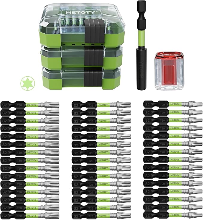 47PCS Impact Torx Screwdriver Bits Set Magnetic (T20/T25/T30) S2 Steel Multi-Star Driver Bits with Green Storage Box