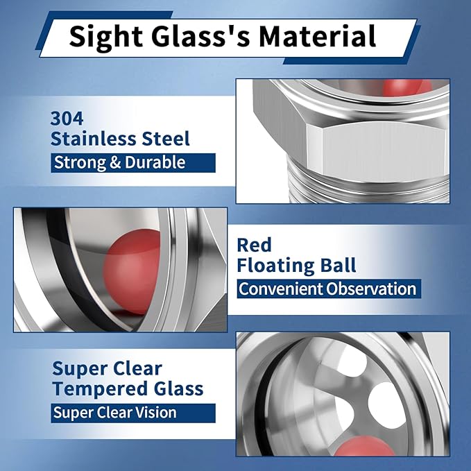Boltigen Air Compressor Sight Glass, 1/2'' NPT Stainless Steel Oil Sight Glass with Float Ball, Tank Oil Level Sight Window Indicator, Clear Liquid Sight Plug, Perfect Replacement for Air Compressor