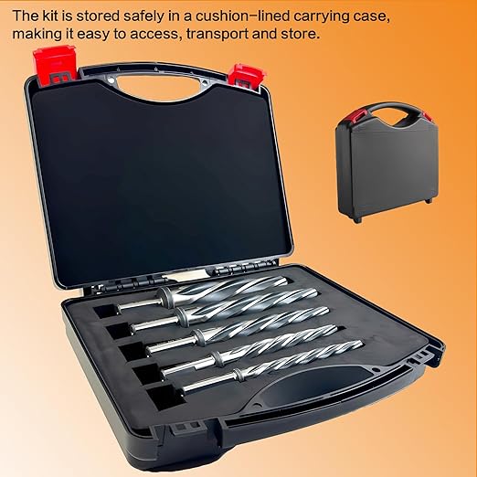 5-Piece 3/8", 1/2", 5/8", 3/4", 1" Reamer Drill Bit for Metal, M2 HSS Taper Reamer for Steel, Alloy, Wood, Plastic to Align, Enlarge Holes ??5-Spiral Flutes, 1/2" Non-Slip Shank, Construction Reamer.