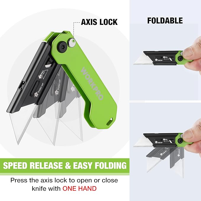 WORKPRO 2PCS EDC Folding Utility Knife, Mini Box Cutter with Quick Open Axis Lock, Quick Change Blade Razor Knife, Foldable Small Pocket Knife with Belt Clip, 2 Packs with 10 Extra Blades
