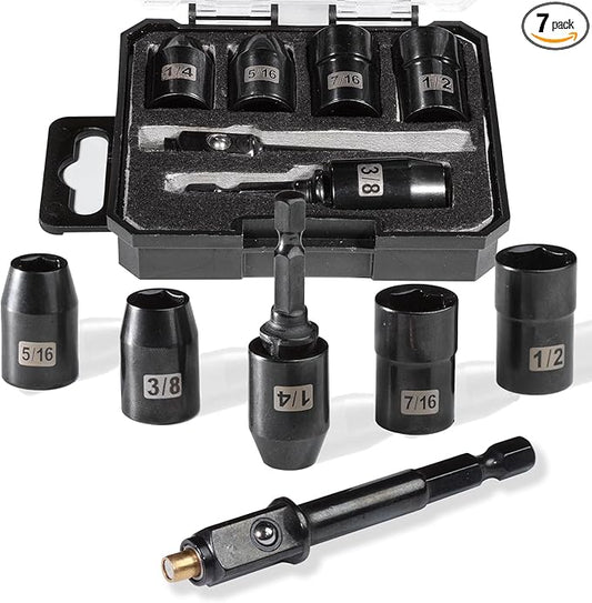 3/8" Drive Impact Nut Driver Set,Magnetic SAE (1/4'' 5/16'' 3/8'' 7/16'' 1/2'') 6 Point,S2 Alloy Steel Strong Hex Socket Drive Adapter Nut Driver