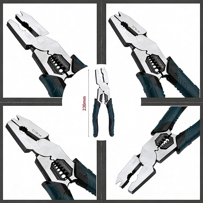 Industrial-Grade Multi-function Cutting Pliers, 9-in-1 Multi-Functional Pliers Nail Puller/Wire Cutter/Stripper/Crimper, Compound Action Leverage Design Industrial CR-V Plier, Tool for Home Repair