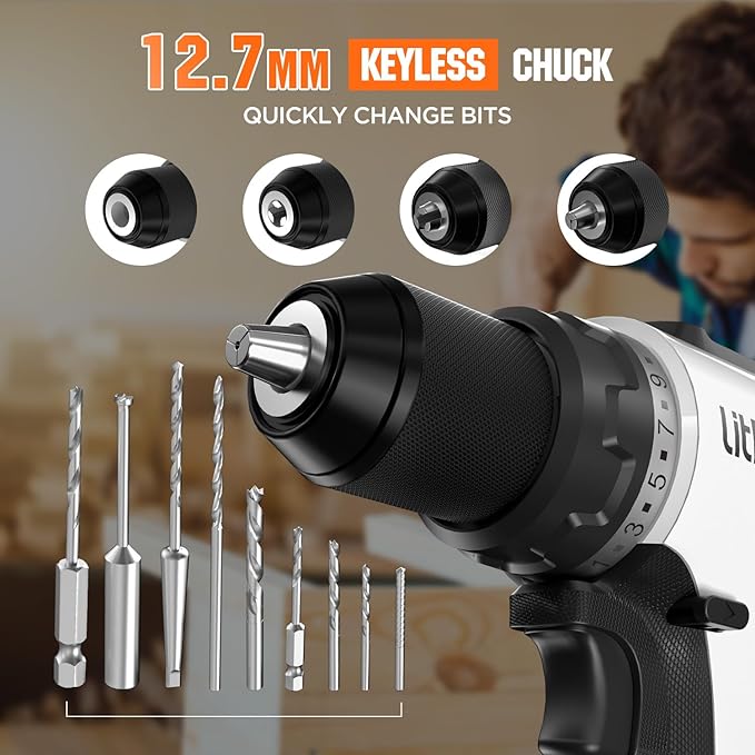 Litheli 20V Brushless Cordless Drill Driver, 530 In-lbs High Torque, 1/2 Inch Keyless Chuck, 2000 RPM, 2.0Ah Battery (Power Bank Function), Type-C Charging, Lightweight Electric Drill for DIY