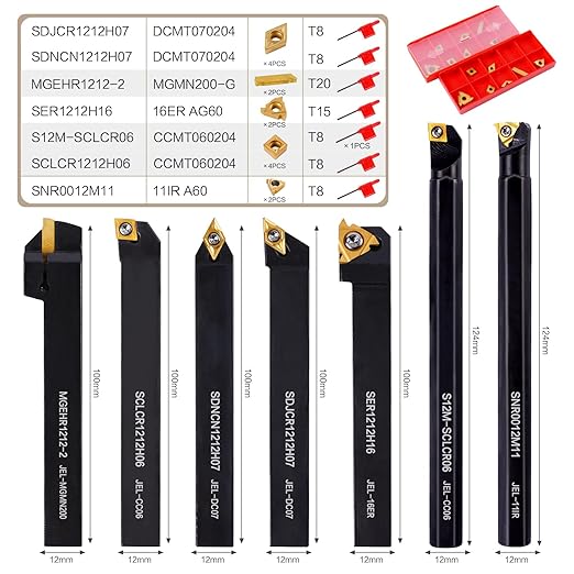 Indexable Lathe Turning Tool 21Pcs Kit 1/2" (12mm) Shank, Includes 7Pcs Metal Lathe Tool Holders and 14Pcs Carbide Inserts for Turning Boring Grooving Cutting Threading Carbide Turning Tool