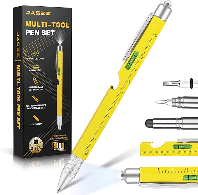 Christmas Stocking Stuffers Gifts for Men, White Elephant Gifts for Adults Dad Boyfriend Him Husband, 9 in 1 Multitool Tool Pen Set, Screwdriver, LED Light, Stylus, Bottle Opener, Ruler, Level(Yellow)