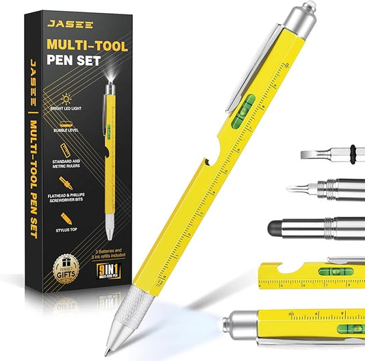 Christmas Stocking Stuffers Gifts for Men, White Elephant Gifts for Adults Dad Boyfriend Him Husband, 9 in 1 Multitool Tool Pen Set, Screwdriver, LED Light, Stylus, Bottle Opener, Ruler, Level(Yellow)