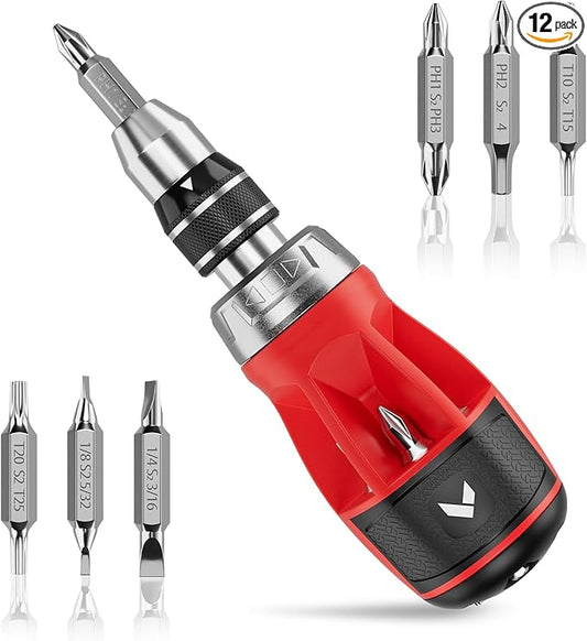 ARROW Stubby Ratcheting Screwdriver, 12-IN-1 Multi Bit Ratchet Screwdriver set, Premium S2 Steel, Innovated Bits Quick-Load Mechanism, with Phillips, Slotted, Torx, Square Bits Stored in Handle