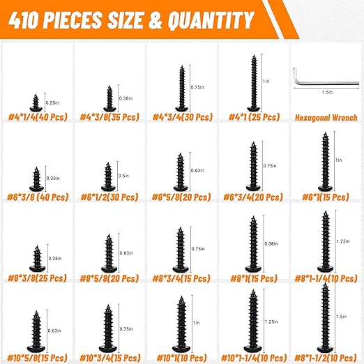 410 PSC Stainless Steel Black Screw Assortment Kit - #4#6#8#10 Phillips Pan Head, Self-Tapping for Wood & Metal
