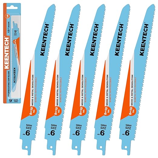 KEENTECH 9 Inch Bi-Metal Reciprocating Saw Blade 5-Pack for General Purpose Metal & Wood Demolition, 8/10 TPI, Fits Milwaukee Sawzall and Other Reciprocating Saws