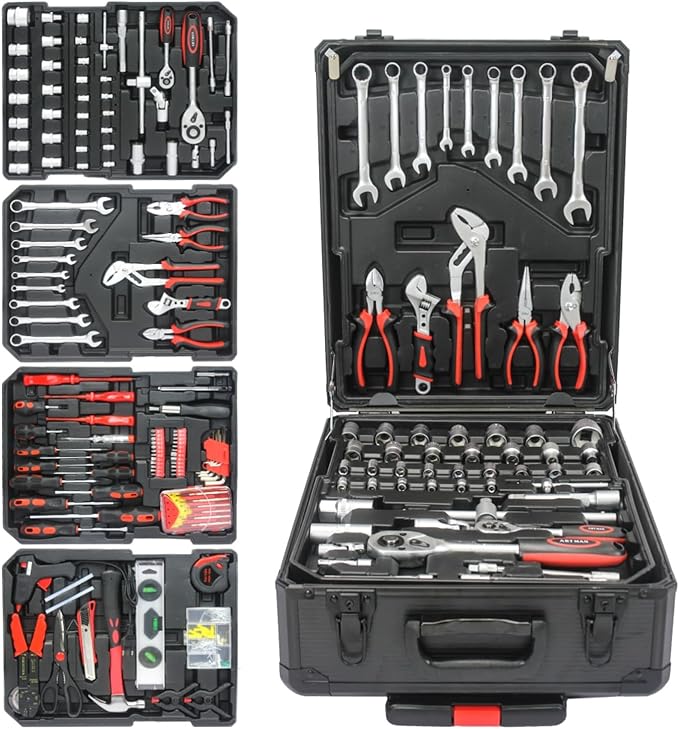 899pcs Home Repair Tool Set with Rolling Tool Box, 4-Drawer Toolbox Storage Case, General Household & Maintenance Tool Kit for Handyman, Garden, Homeowner - Black