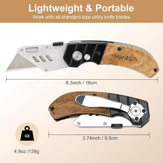 Harita Utility Knife Box Cutter with Belt Clip, Extra 5 pack refilled Blades and Wood Handle Heavy Duty Cutter, Quick-change & Safety Back Lock