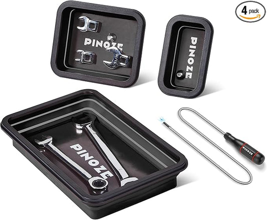 Collapsible Magnetic Parts Organizer Trays & 12" Flexible Magnetic Pickup Tool, 3 Different Size Magnet Tool Trays & Pick-Up Sweeper for Screw, Bolts, Nuts, Washers, Pins and Metal Parts, Black