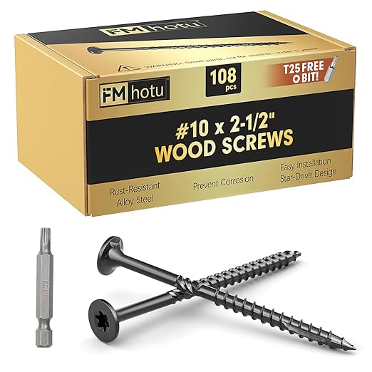 #10 x 2-1/2??Deck Screws, 108Pcs Star Drive Wood Screws, Rust Resistant Timber Screws for Timber/Log/Landscaping Wood, T25 Star Bit Included, Black