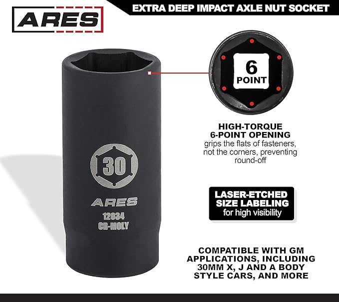 ARES 12034-30MM Axle Nut Socket - 6 Point Socket - Extra Deep 1/2-Inch Drive Impact Socket for Easy Removal of Axle Shaft Nuts