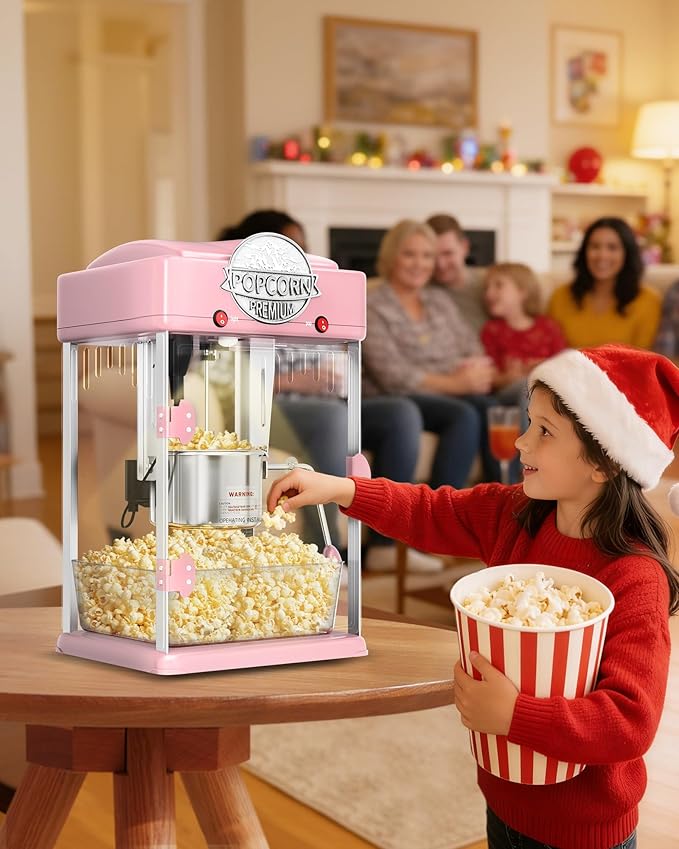 6 Oz Popcorn Machine, Tabletop Popcorn Maker, Countertop Pop Corn Machine, Movie Theater Popcorn Popper Machine with Stainless-Steel Kettle, Measuring Tool for Home Family, 300 W, Pink