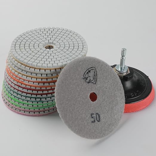 Diamond Polishing Pads 4 Inch Wet Dry Set 9 Pieces for Concrete Marble Quartz Stone Countertop Granite Polishing and Sanding disc Include 5/8"-11thread Backer pad and Drill Adapter
