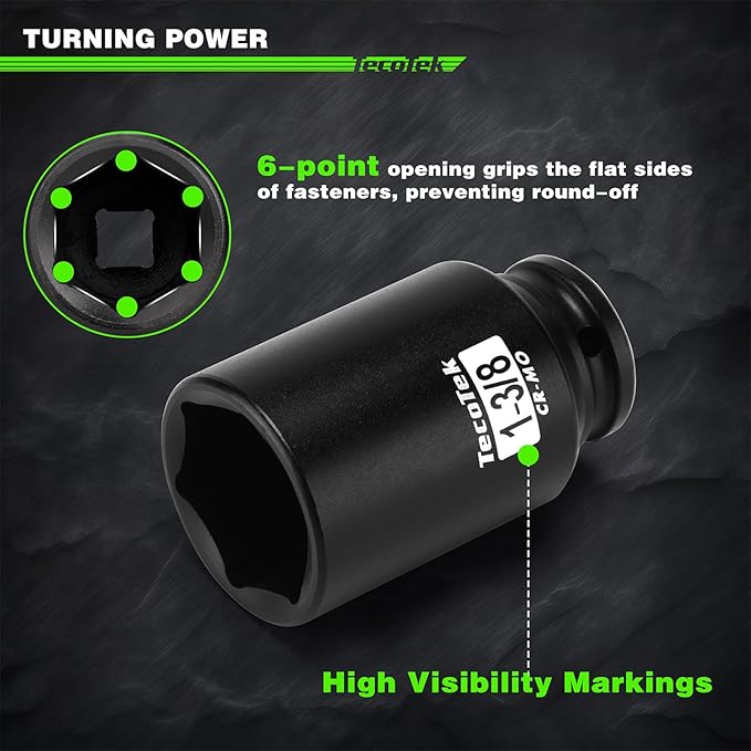 1/2" Drive Deep 6-Point Impact Socket Set, 10-Piece Deep SAE Spindle Axle Nut Impact Socket Set, Cr-Mo, 1-1/16-Inch to 1-5/8-Inch Size, Enhanced Storage Case