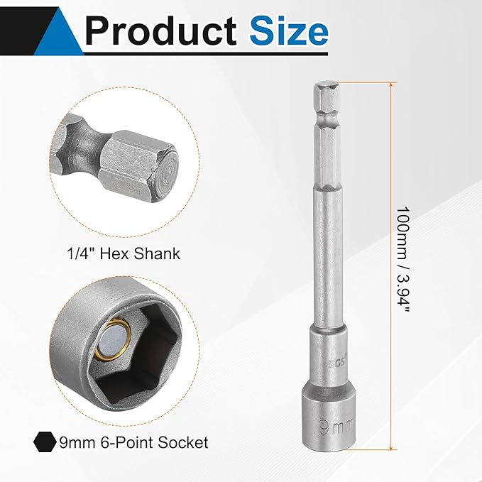 HARFINGTON 5pcs Nut Driver Drill Bit 9mm Metric Socket 1/4" Hex Shank 3.94" (100mm) Long Magnetic 6-Point Sockets Quick Change CR-V Steel Bolt Setters for Power Drill Drivers