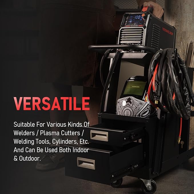YESWELDER Welding Cart竊?-Tier with 2 Drawers for MIG Welder TIG Welder and Plasma Cutter, Tank Storage Safety Chains, Heavy Duty Large Storage 360째 Swivel Wheels Welding Trolley