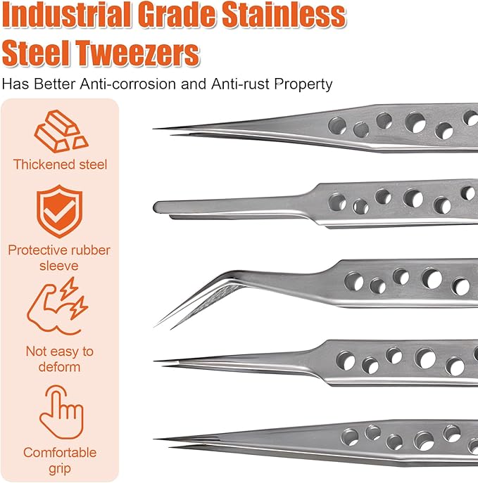 5 Packs Precision Tweezers Stainless Steel Fine Pointed Curved Tweezer Long Sharp Tweezers Kit for Electronics Repair Crafting Jewelry Making Industrial