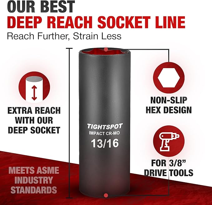 TIGHTSPOT 3/8 Inch Drive - 13/16 Inch Deep Impact Socket with Anti-Rounding 6 Point Design, Heat-Treated CRMO Steel