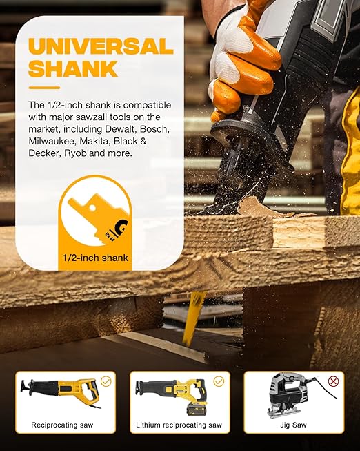 10 Pack 6 Inch 6/12TPI Reciprocating Saw Blades,Stud and Nail Saw Blades, 6" High Strength Bi-Metal Saw Saw Blades Wood and Nail-Embedded Wood, Metal,PVC, Pallets etc,with Storage Box