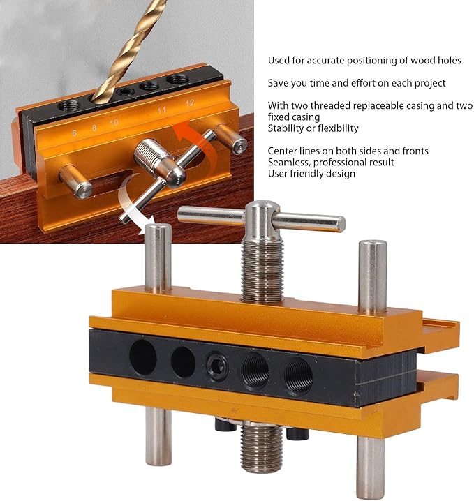 Self Centering Doweling Jig Kit Metric Adjustable Width Dowel Jig Kit for Straight Holes, Biscuit Joiner Set, 6 Bushings Power Tool Accessory Jigs for Straight Holes (Gold)