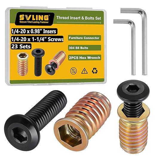 Threaded Inserts and Bolts Set, 23 Sets, 1/4-20 x 25mm Threaded Inserts for Wood, 1/4-20 x 1-1/4" Furniture Screws Bolt Flat Head 304 Stainless Steel, Hex Socket Drive, with 2Pcs Hex Wrench