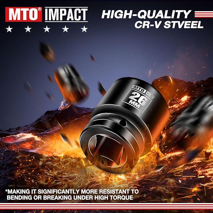 MTO 1/2" Drive 26mm Shallow Impact Socket, 6-Point Metric Socket for Automotive Maintaince, CR-V Steel Meets ANSI Standards