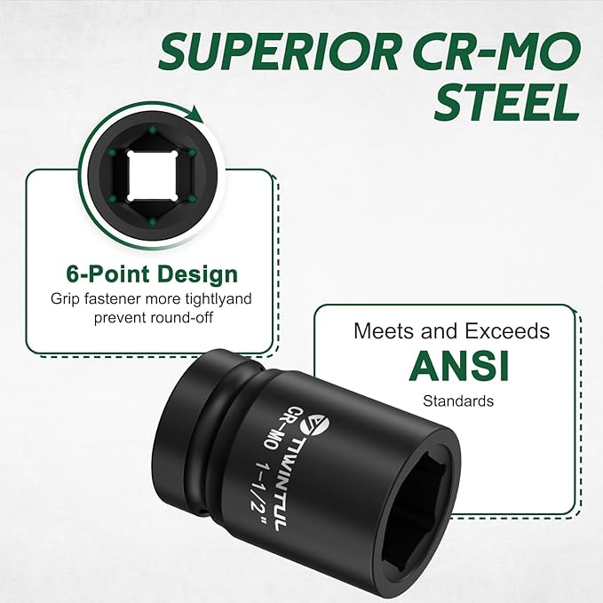 1-1/2" Impact Socket 1" Drive, 6 Point Design CR-MO Axle Nut Socket ANSI Certified Heavy Duty Socket 1 Inch Drive for Truck Wheel Hub Trailer Construction & Industrial Equipment