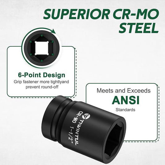 1-1/2" Impact Socket 1" Drive, 6 Point Design CR-MO Axle Nut Socket ANSI Certified Heavy Duty Socket 1 Inch Drive for Truck Wheel Hub Trailer Construction & Industrial Equipment