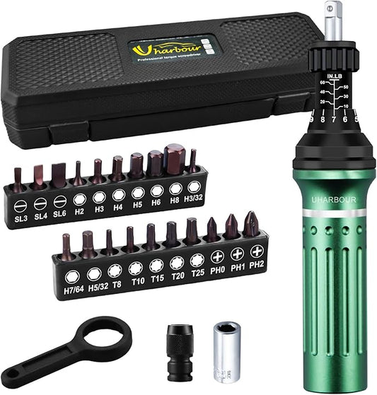 Torque Screwdriver 10-60 in.lb, Torque Screwdriver Set with 1/4" Elastic Bit Holder, 1/4" Bit Adapter, Flat, Hex, Torx and Philips Bits, Suitable for Gunsmithing, DIY, Bicycle Maintenance