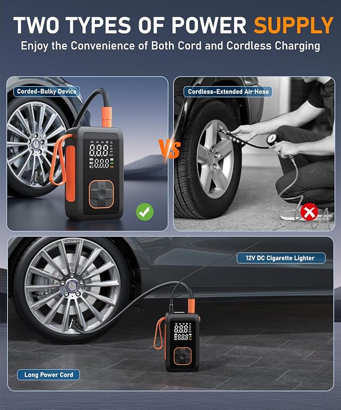 Tire Inflator Portable Air Compressor - 150PSI & 15000mAh Dual Power (Cordless & 12V DC) Car Air Pump, 3X Faster 36L/Min Electric Tire Pump with Digital Gauge, LED Light for Car, Bike, Ball