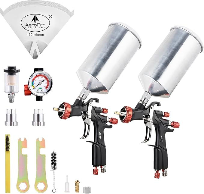 AEROPRO Tools R500 LVLP Double Air Spray Gun Kit with 1000cc Aluminum Cup, A610 Paint Guns Automotive, Car Paint Gun Sprayer, Paint Gun for House Painting, Car, Furniture, Varnish and Top Coat
